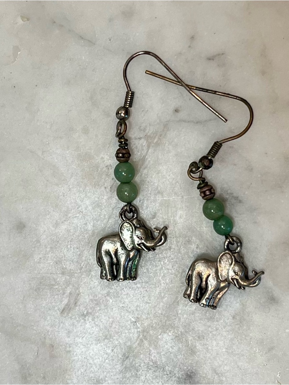 Silver Elephant Drop Earrings with Green Beads - Women Jewelry